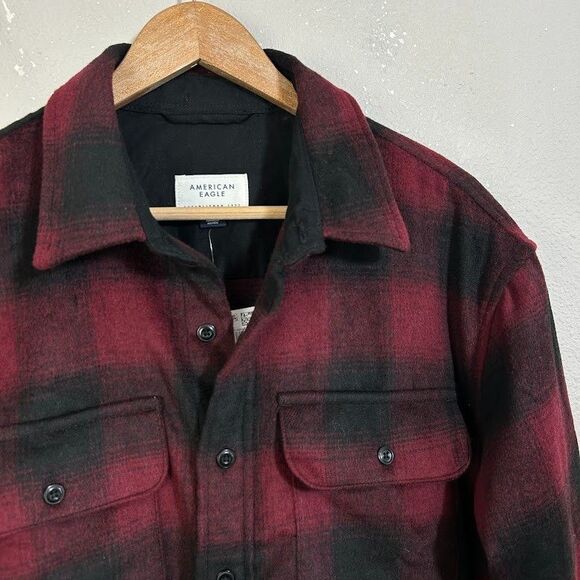 NEW American Eagle Mens Fireside Flannel M Red Black Plaid Button Up Fleece Soft - Picture 4 of 7